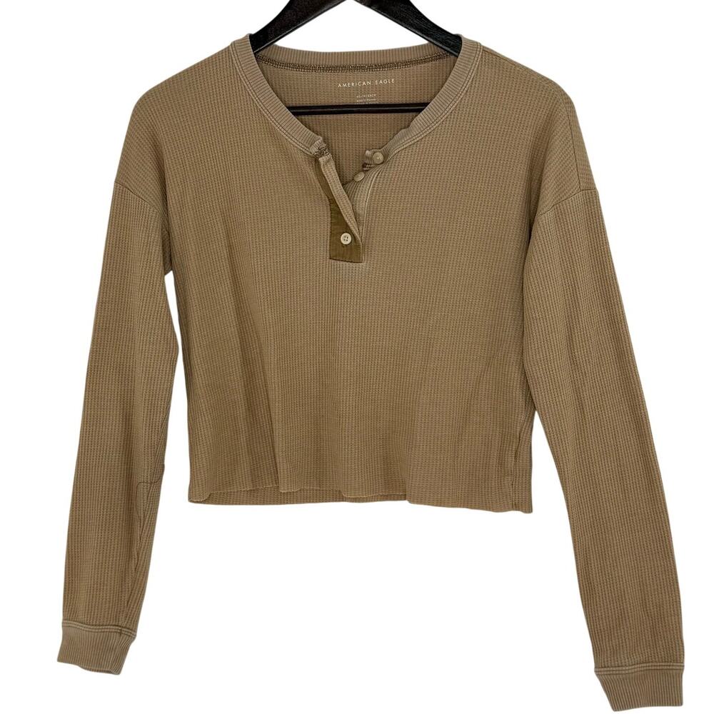American Eagle Waffle Knit Henley Top Women's XS Tan Cropped Oversized